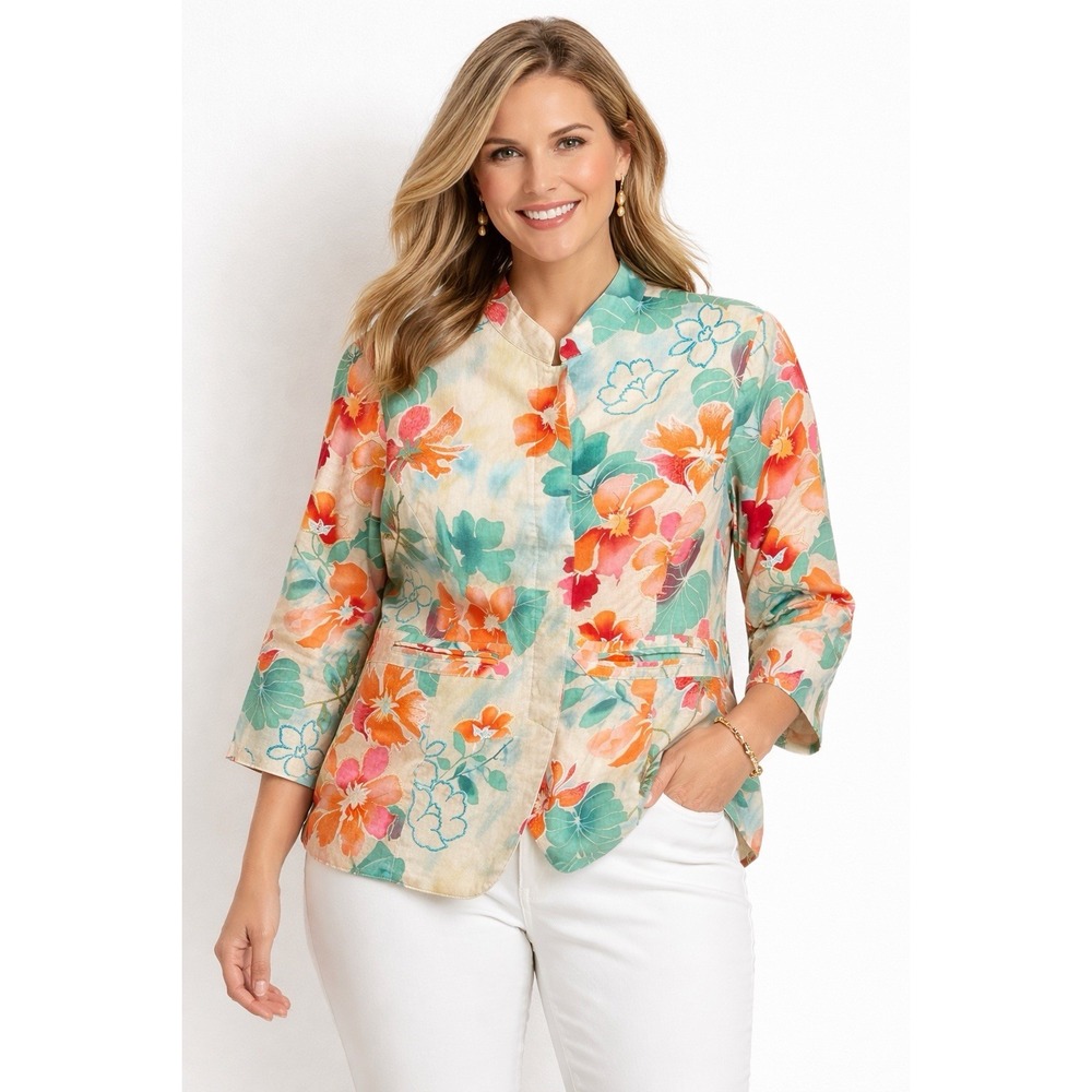 Coldwater Creek Linen Floral Jacket Women's Tropical Embroidered Mandarin Collar